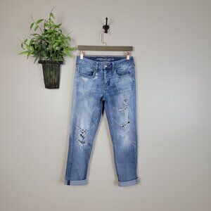 AE 2 Tomgirl Button Fly Distressed Crop Medium Wash Relaxed Jeans American Eagle